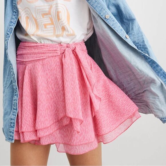 Aerie Pink Chiffon Wrap Skirt Size Large – Abstract Brushstroke Flowy Lined Mini - Picture 1 of 12